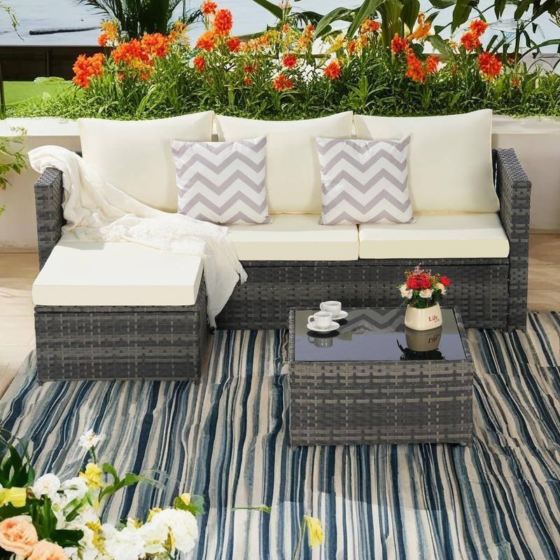 2-Pieces Outdoor Patio L-Shaped Sectional Sofa Set with Glass Coffee Table