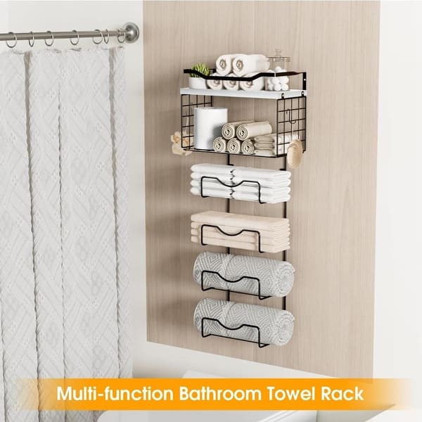 Metal Bathroom Towel Rack, Wall Mounted Folding Towel Rack, 6 Tier Roll with Floating Shelf, Bathroom Towel Rack