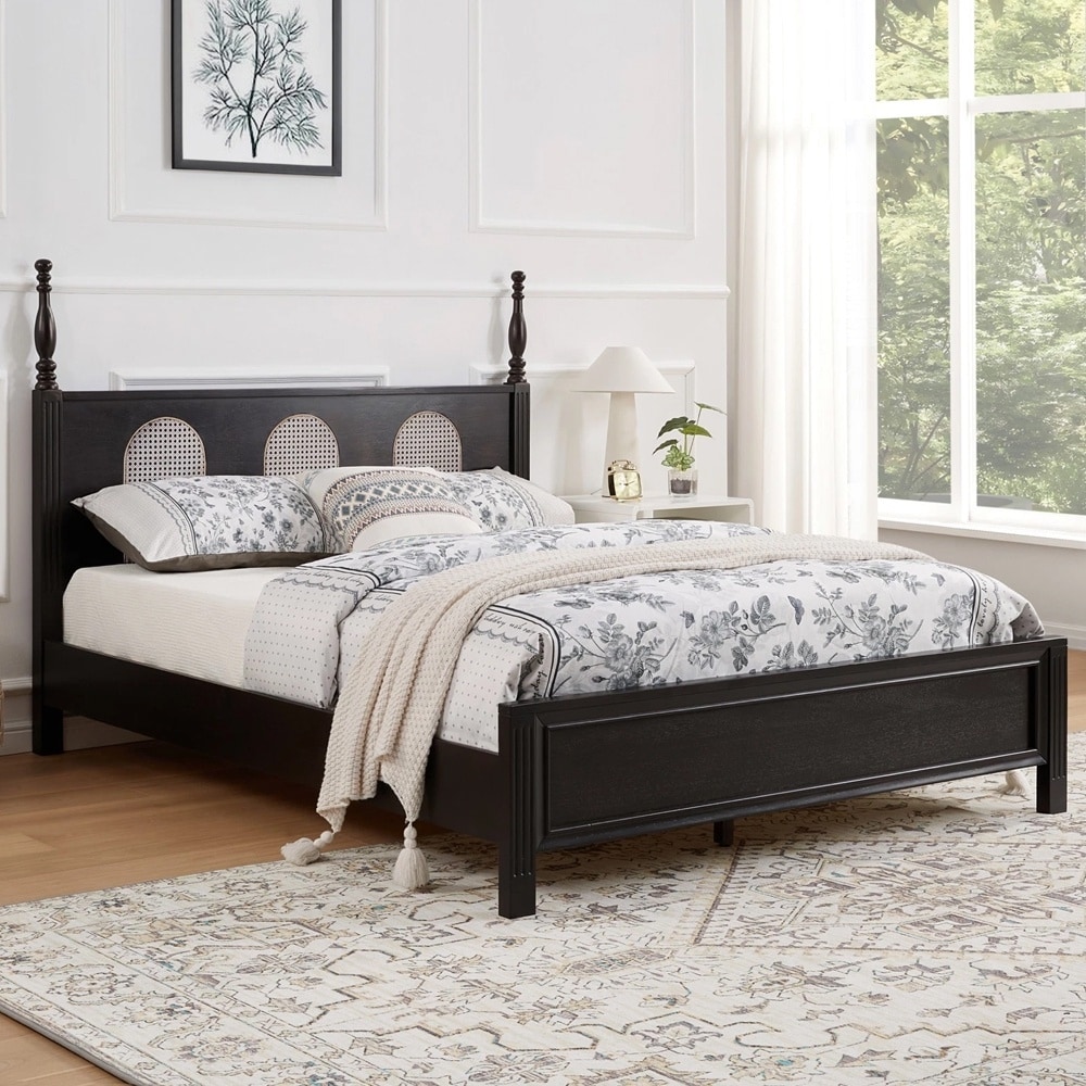 Queen Mid Century Solid Wood Bed Frame With Woven Rattan Headboard