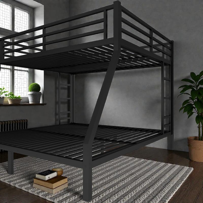 Metal Queen Over King Bunk Bed for Teens and Adults, Noise Reduced Heavy Duty Bunk Bed No Box Spring