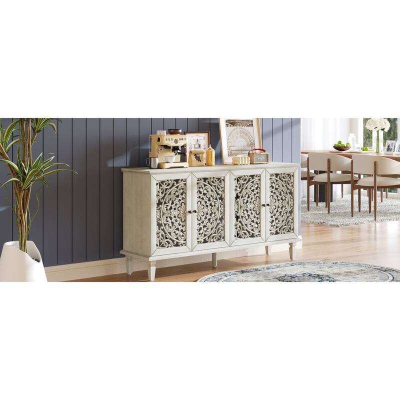 Roomfitters 60" Antique Buffet Cabinet, Floral Carved 4-Door Sideboard with Solid Wood Legs & Brass Handles