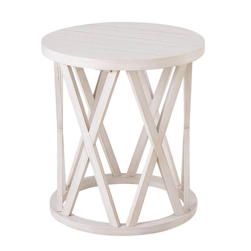 COZAYH Farmhouse End Table, Rustic Round Coffee Table with X-Motifs Legs, Wood Textured Top for Boho, French Country Decor