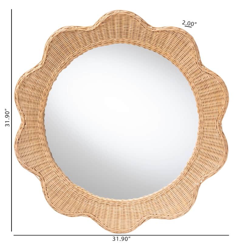 Makoto Scalloped Natural Rattan Wall Mirror - Handwoven Wicker Oval Frame, Boho Coastal Accent Decor for Entryway or Bedroom