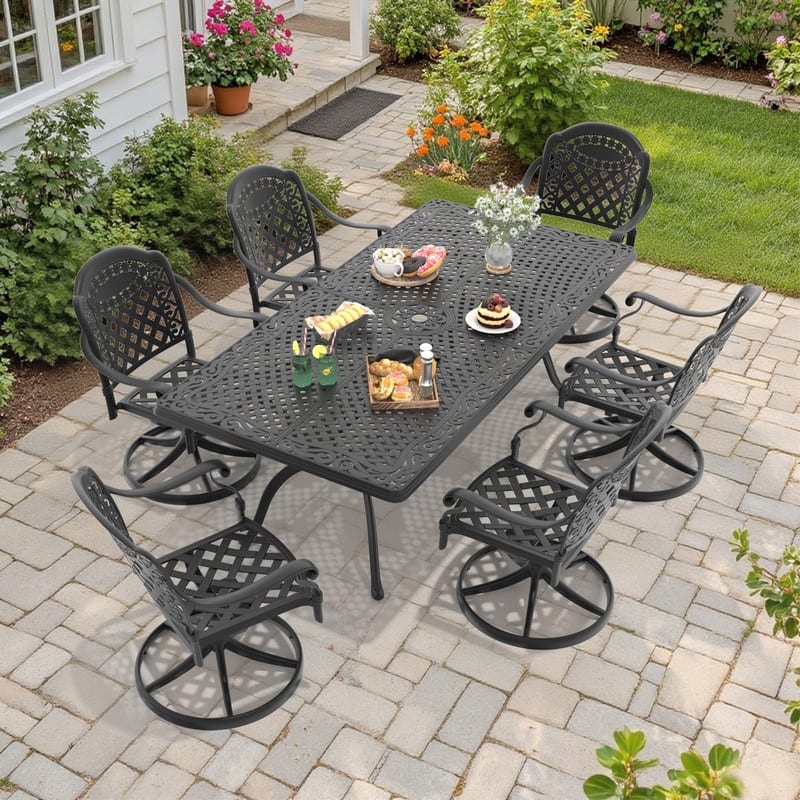 7-Piece Aluminum Rectangular Outdoor Patio Dining Set, 6 Cushioned Swivel Chairs, Table, All-Weather Frames