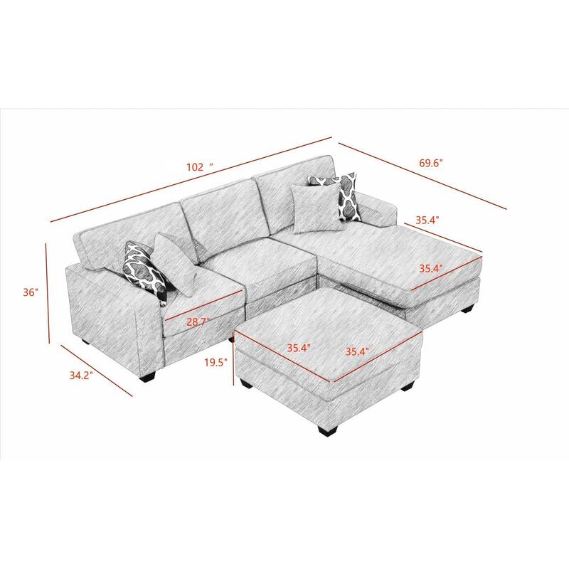 102'' Reversible Modular Sectional Sofa Couche With Ottoman