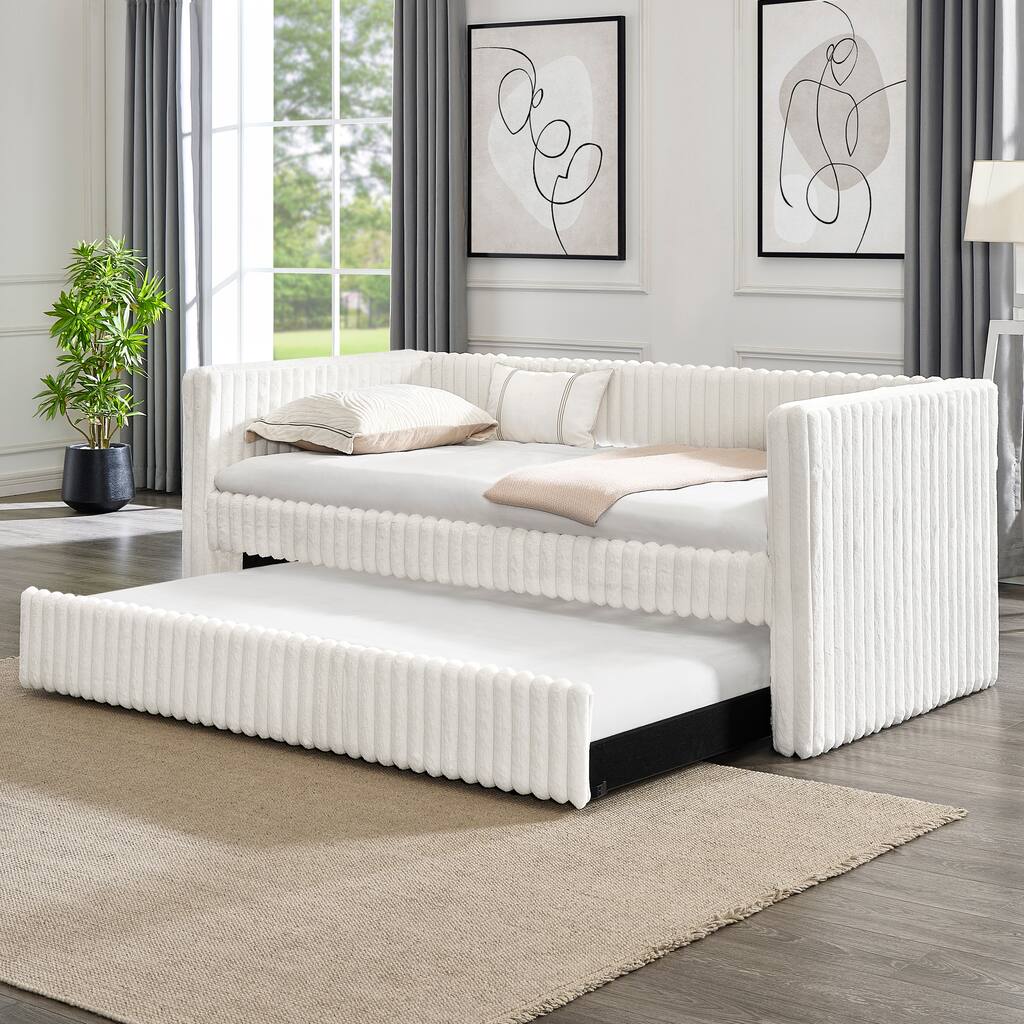 Twin Upholstered Daybed with Pull-Out Trundle, Modern Striped Corduroy Fabric Sofa Bed with Armrests, Space-Saving Sleeper