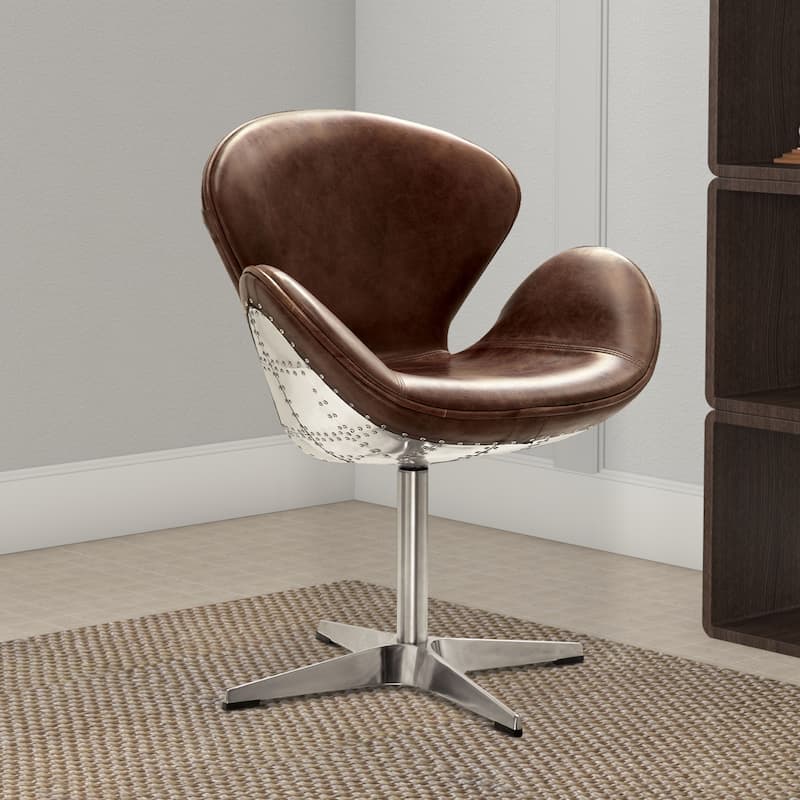 Top Grain Leather Accent Chair with Swivel, Brown & Silver