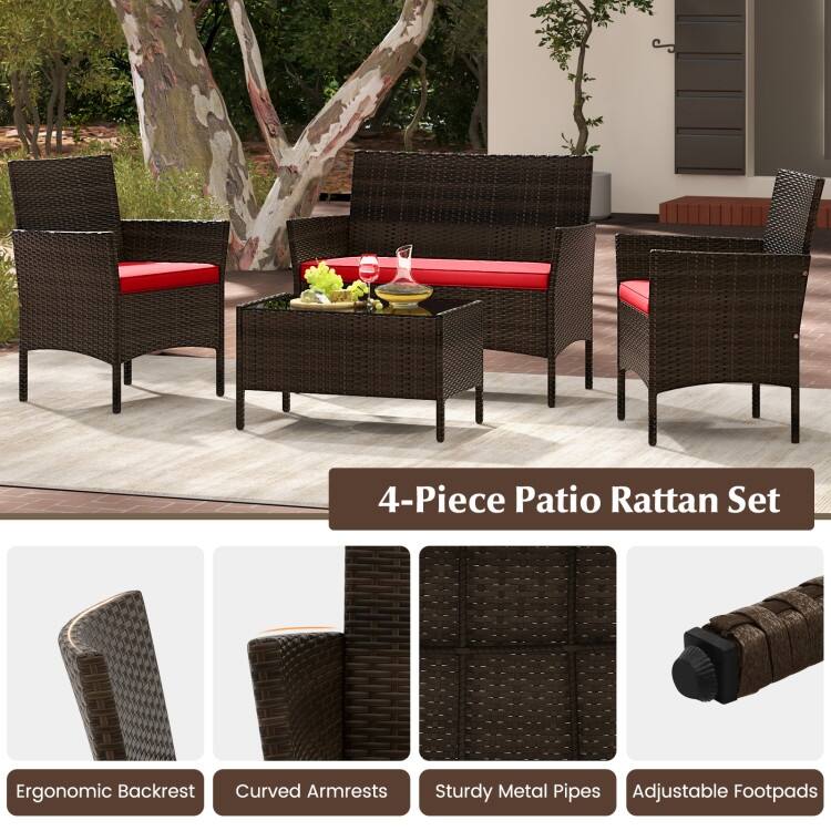 4 Piece Outdoor Rattan Patio Set with Cushions and Glass Table - 39.5" x 22.5" x 32"