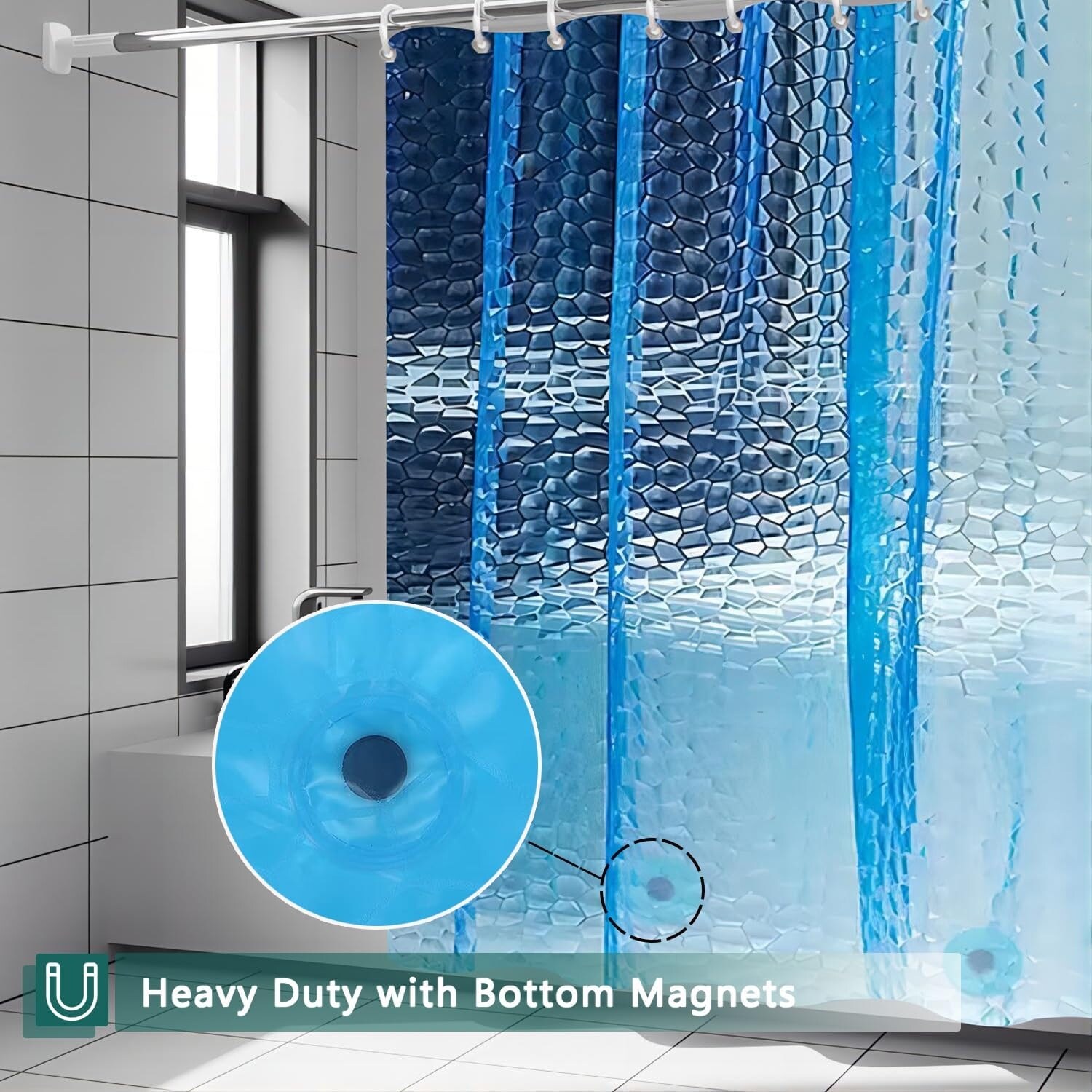 FINEBAT Gradient Blue Waterproof Shower Curtain Liner 72x72 - PEVA Plastic With Magnets & Grommets