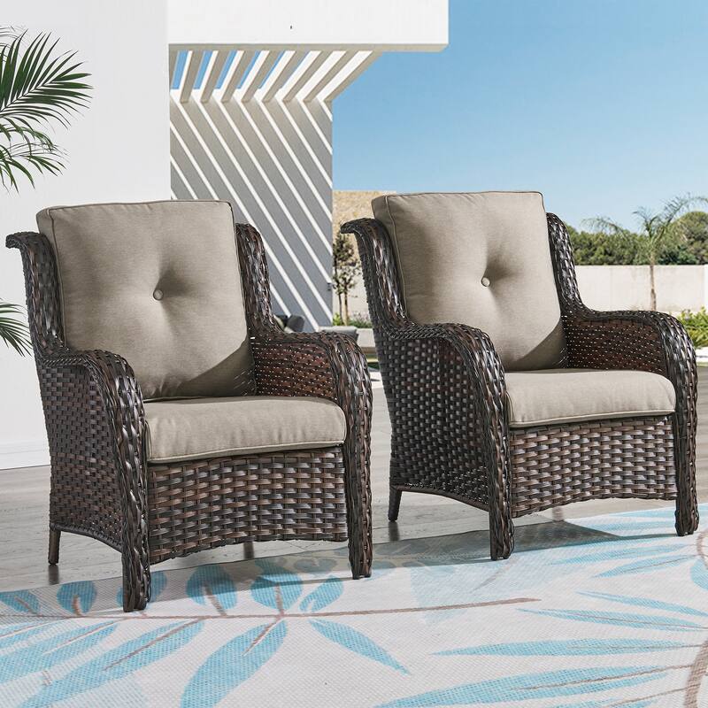 Outdoor Wicker High Back Club Chair with Cushions (Set of 2) - Brown/Grey