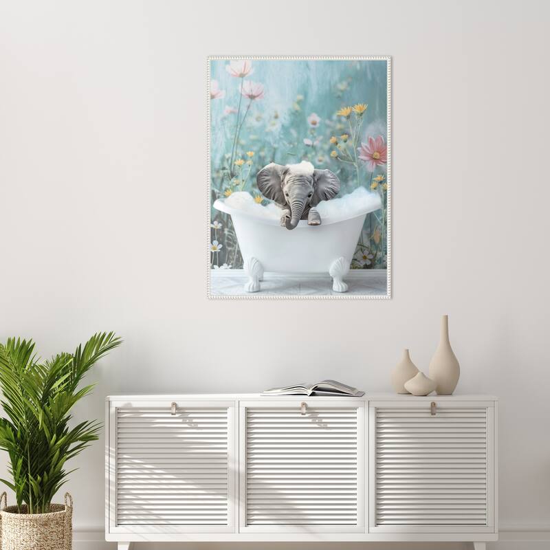 Blue Blossom Elephant Bath by Niky Rahner Framed Canvas Wall Art