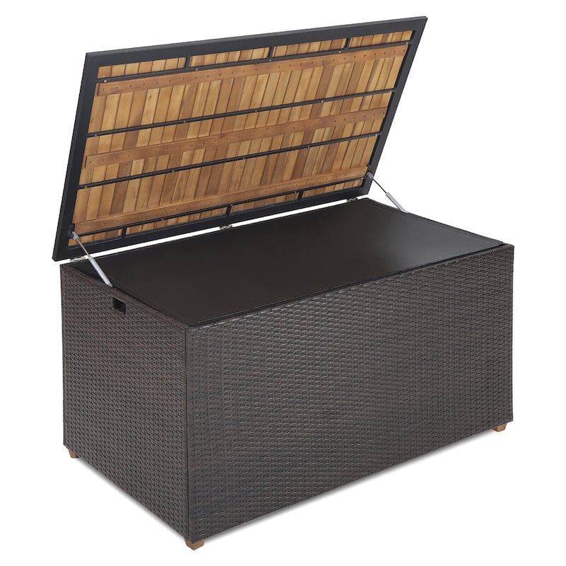 Gymax 134 Gallon Patio Wicker Storage Deck Box w/ Solid Acacia Wood