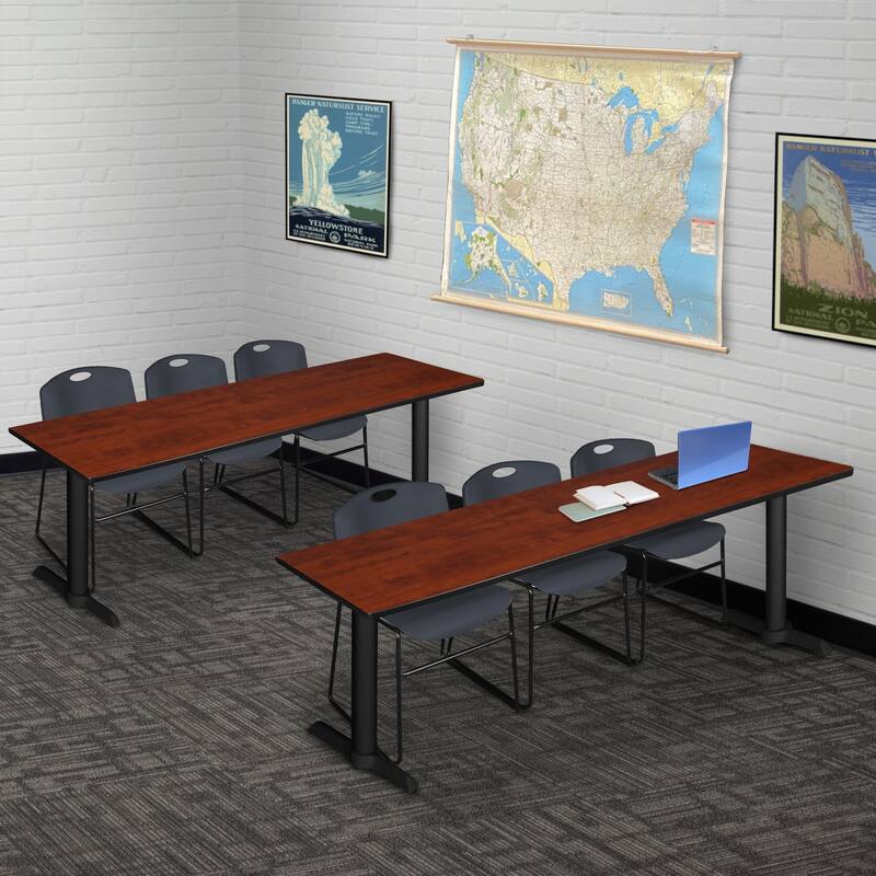 84" x 24" Training Table- Cherry & 3 Stack Chairs- Black