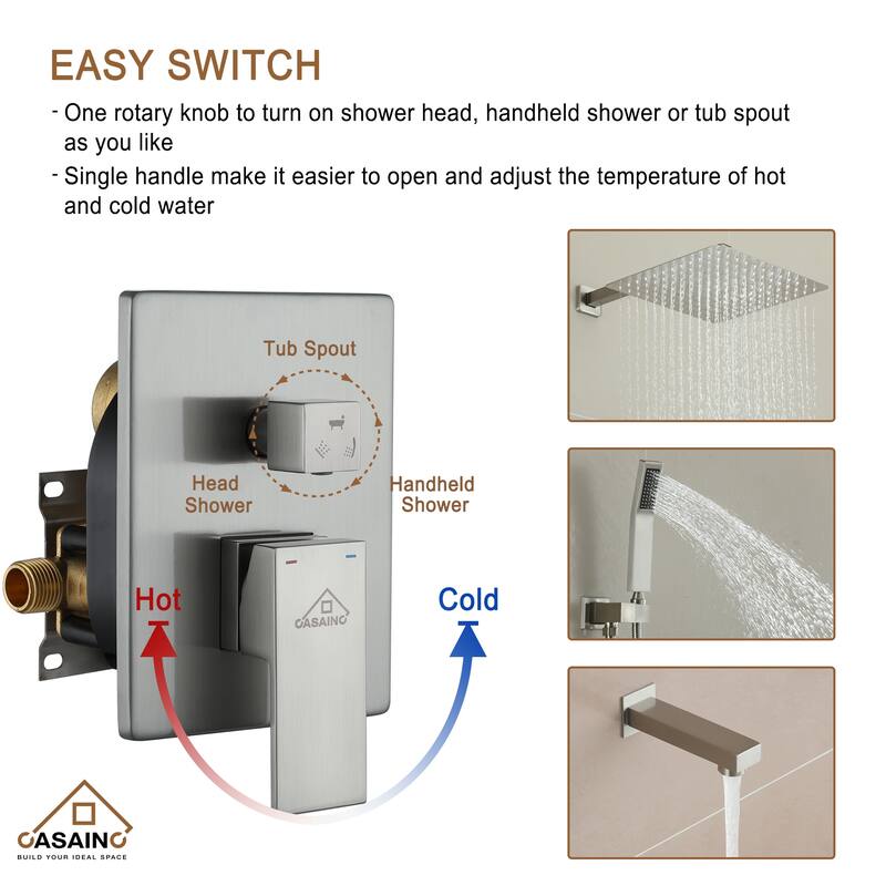 CASAINC 3-Function 12-In Wall Mounted Shower System