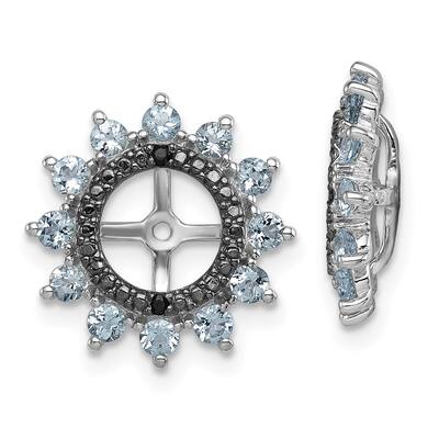 925 Sterling Silver Rhodium Aquamarine and Black Sapphire Earring Jacket (L-14 mm, W-14 mm)