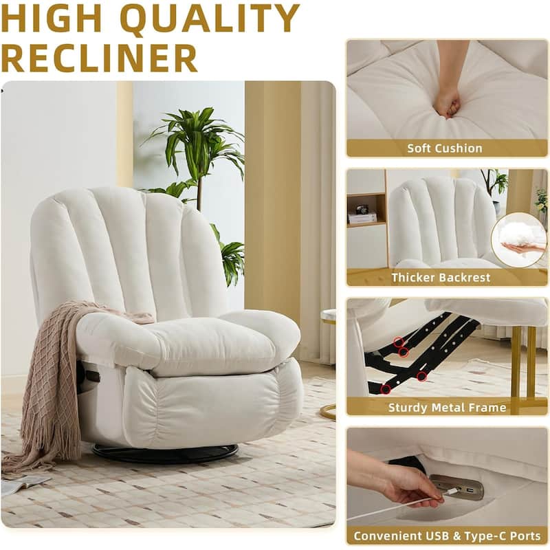 Shell Shape Power Recliner Chair, Chenille Fabric Swivel Rocker Recliner with Bluetooth Speaker