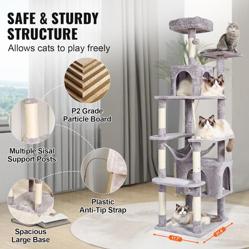 Cat Tree for Indoor Cats, 72" Cat Tower with 2 Cat Condos, Sisal Scratching Post, Hammock, Top Perch, Jumping Platforms