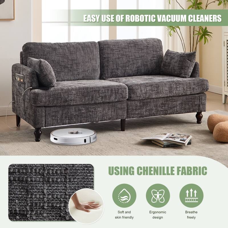 Modern Chenille 2-Seater Wood-Legged Sofa with LED light, USB Charging Port and Storage Bag