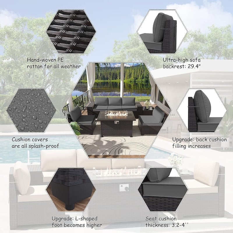 Delnavik 7 Pieces Rattan Outdoor Patio Furniture Sofa Set with Firepit - 7 pcs
