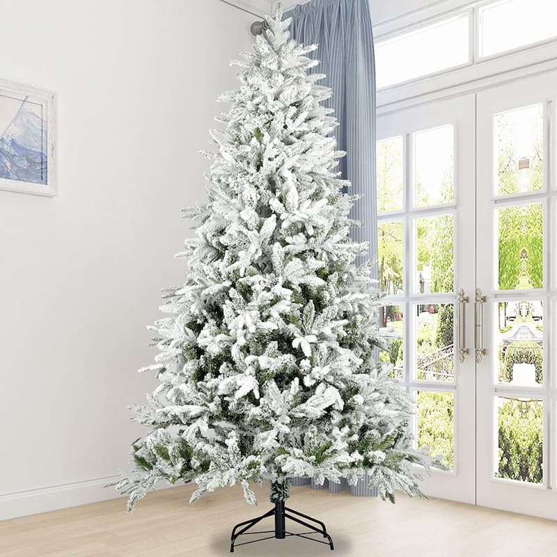 Snow Flocked Christmas Tree 7ft Artificial Hinged Pine Tree with White ...
