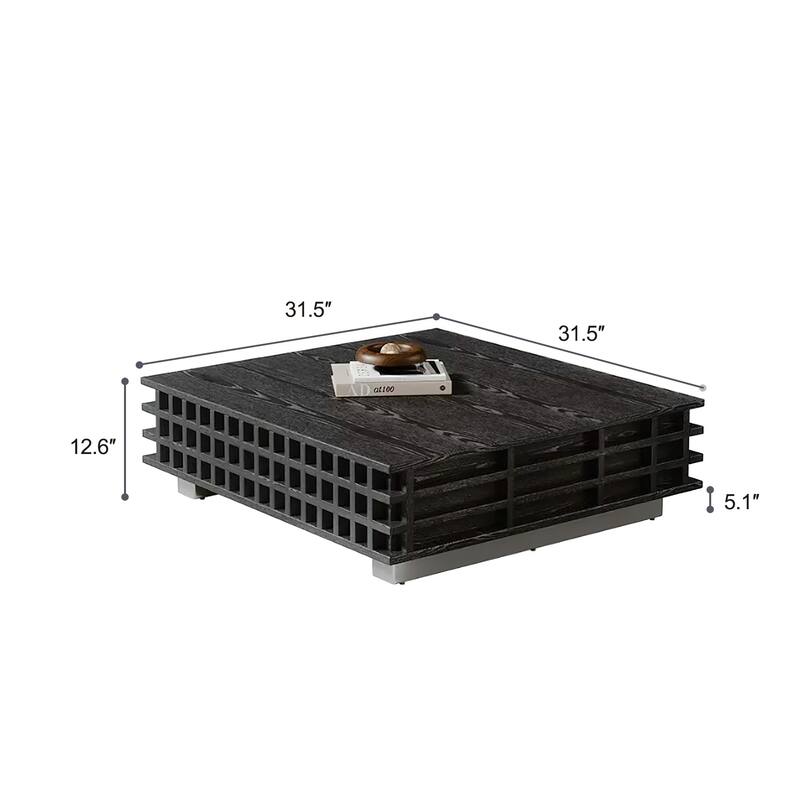 31.5’ Black Multi-Layer Solid Wood Square Coffee Table with 2 Grid Finish Drawers - 7'6" x 10'9"