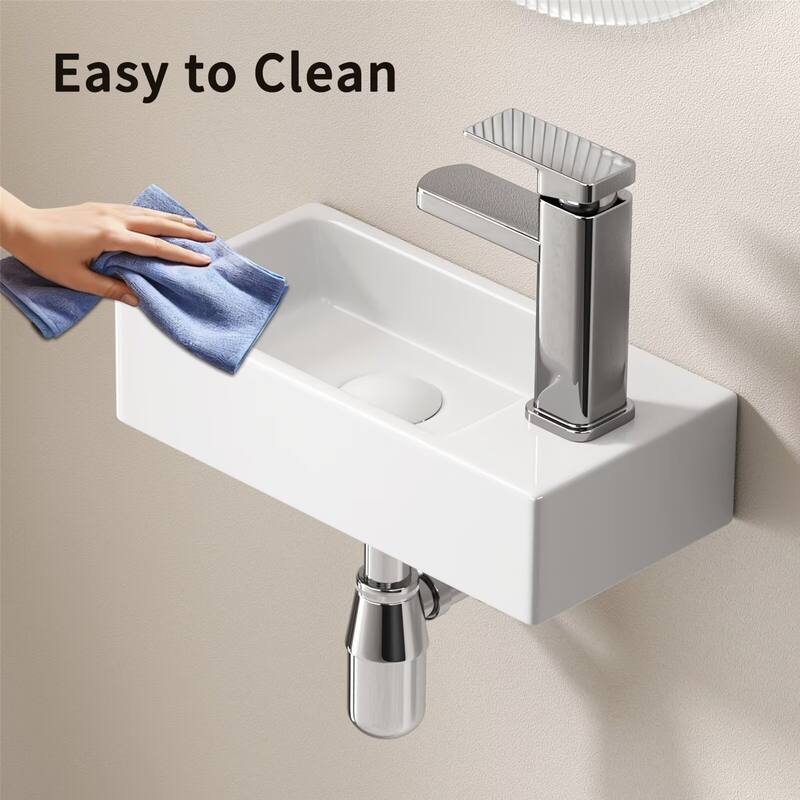 Wall-Mounted Ceramic Bathroom Sink with Silver Color Faucet & Drain