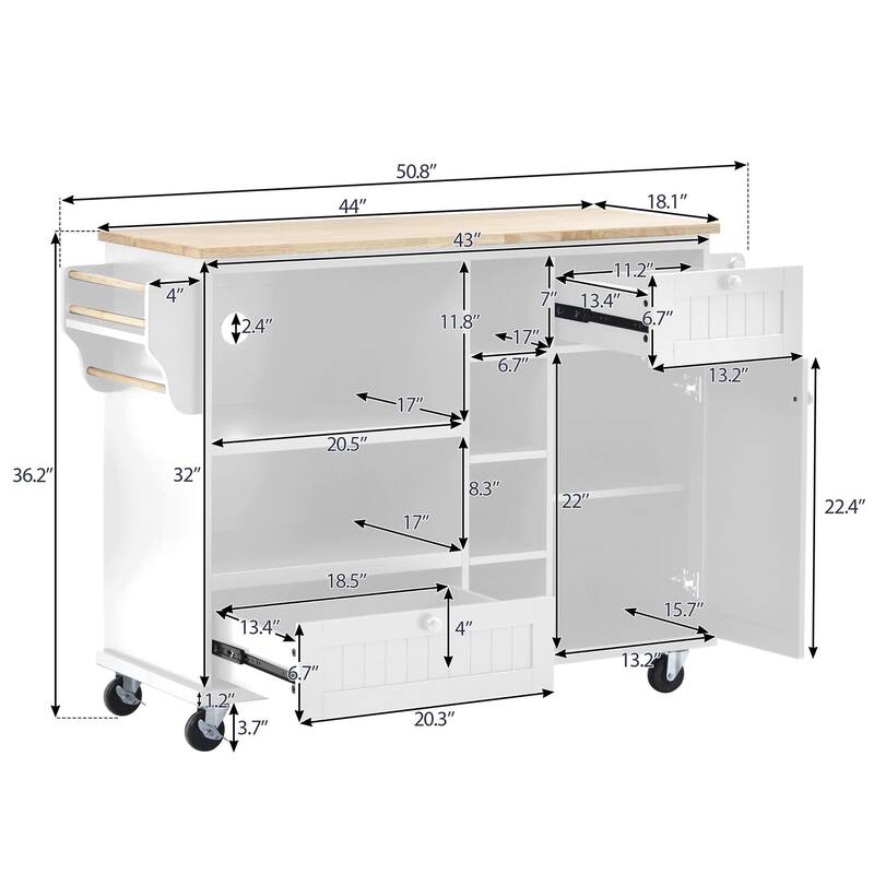 Rubberwood Kitchen Cart with Microwave Storage Rack, Exterior Shelves, and Two Drawers