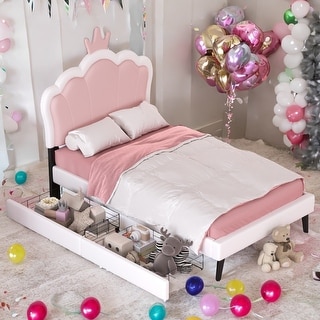 Twin Size Upholstered Princess Bed with Crown Headboard and 2 Drawers, Platform Bed in White+Pink