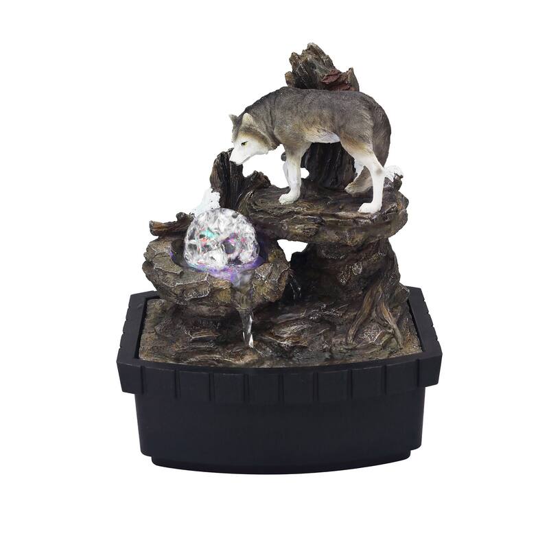 Eci 10 Inch Wolf Tabletop Water Fountain, LED Lights, Painted Gray Finish