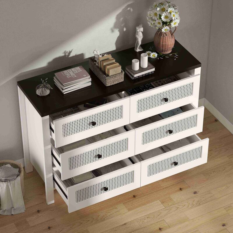 Fluted 6 Drawer Dresser for Bedroom, 47.2 Inch Wide Modern Wooden Chest of Drawers with Metal Handles