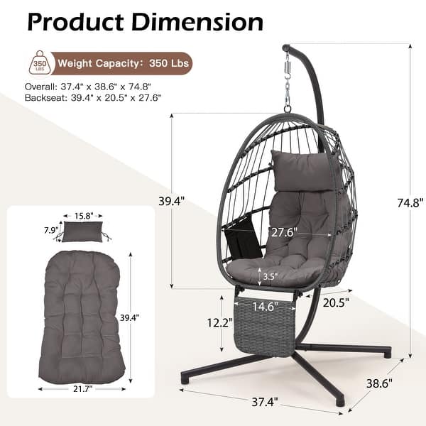 dimension image slide 3 of 6, EROMMY Hanging Egg Chair with Stand, Foldable Indoor/Outdoor Swing Chair includes Cushion and Pillow, Patio Wicker Swing