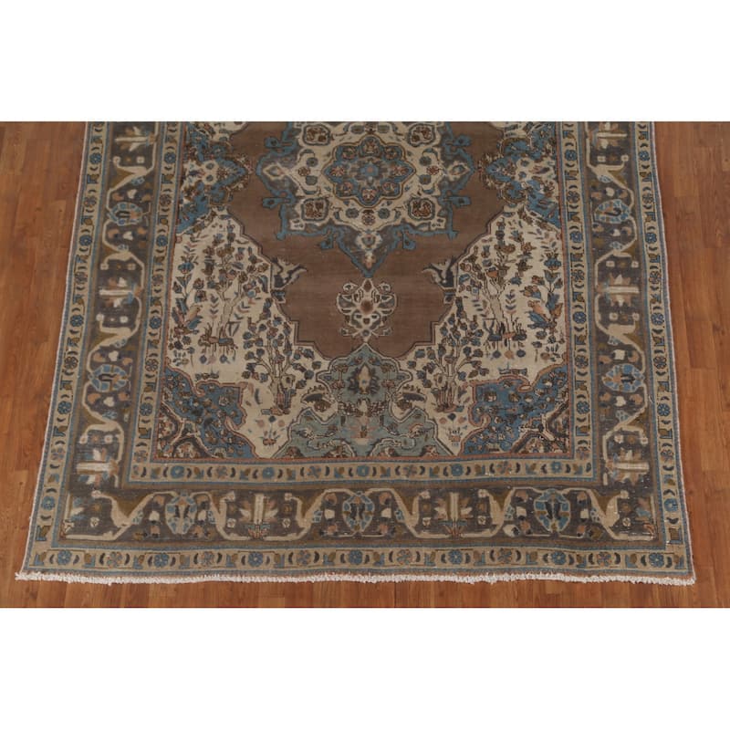 Brown Tabriz Persian Vintage Area Rug Hand-Knotted Wool Carpet - 6'9"x 9'9"