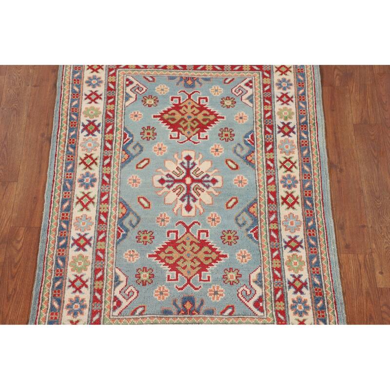 Light Blue Kazak Oriental Foyer Rug Handmade Geometric Wool Carpet - 2'8" x 4'0"