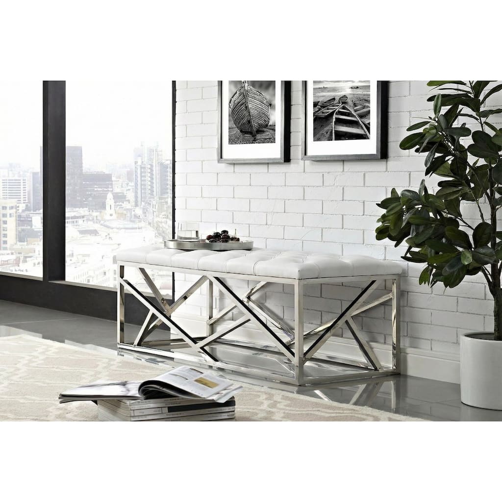Modrest Lindsey Modern White Leatherette & Stainless Steel Bench