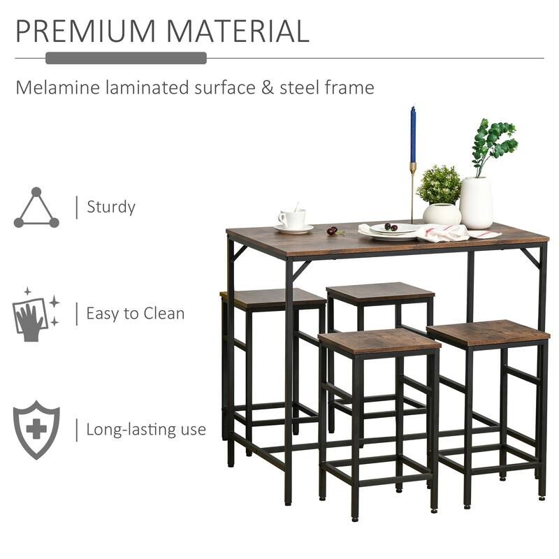 5-Piece Rustic Wood Table Bar Set with Footrest and Black Steel Frame for Home Kitchen or Dining