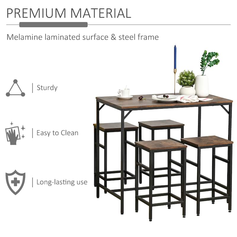 HOMCOM 5-Piece Modern Industrial Dining Room Table Furniture Set with 4 Chairs & Steel Legs for Dining Room, Black/Brown