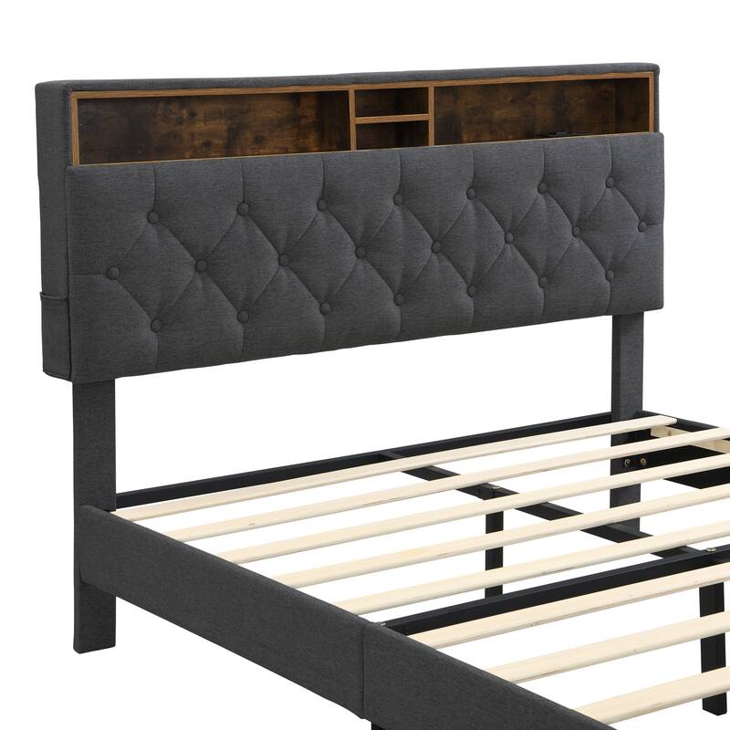 Queen Size Linen Upholstered Platform Bed with Button-Tufted Headboard, USB Charging Station and Side Pockets