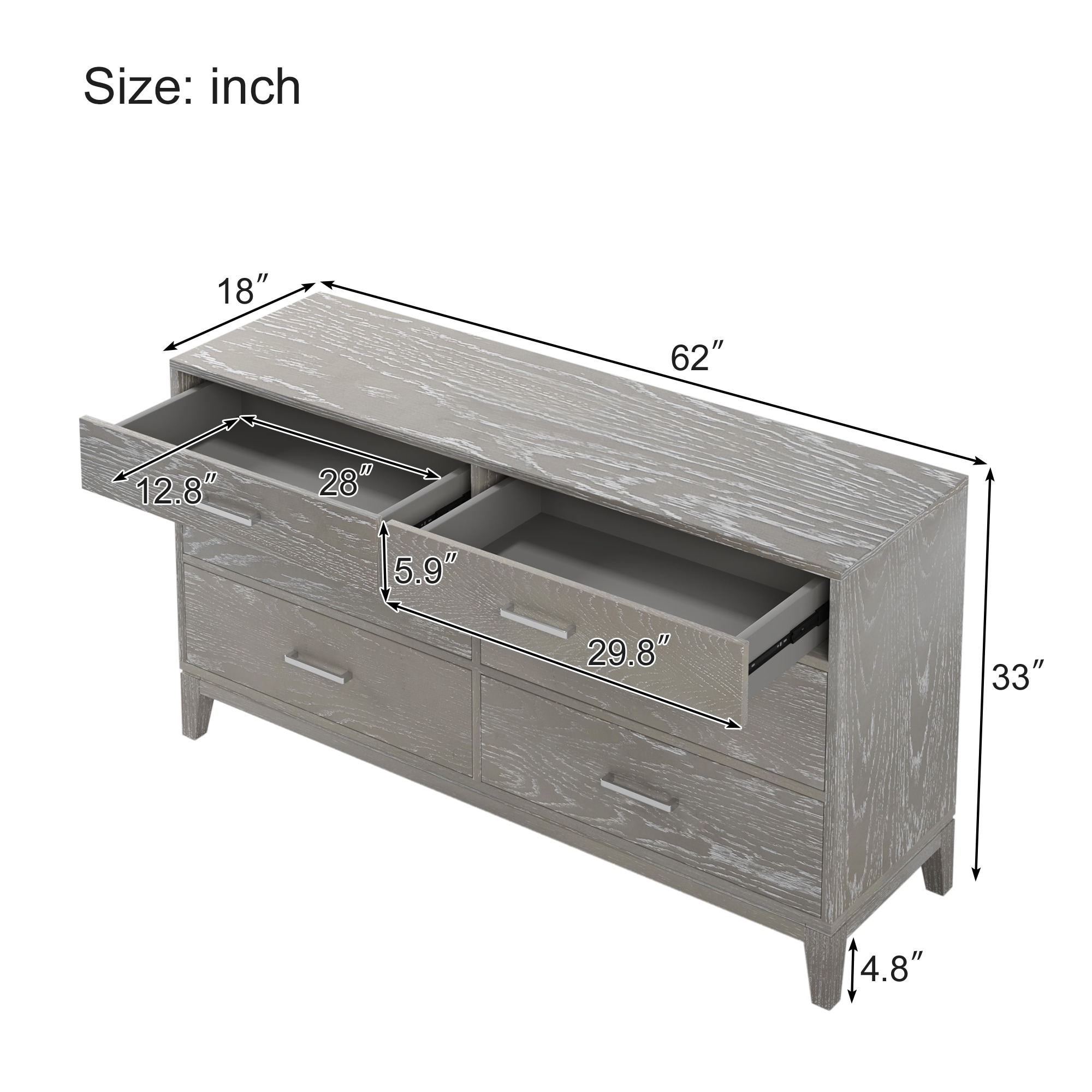 gray color dresser Cora Grey 6-Drawer Storage Dovetail Drawers Dark metal hardware and corner banding with rivet look lend to the casual aesthetic of this nightstand Cottage View - 6 Drawer