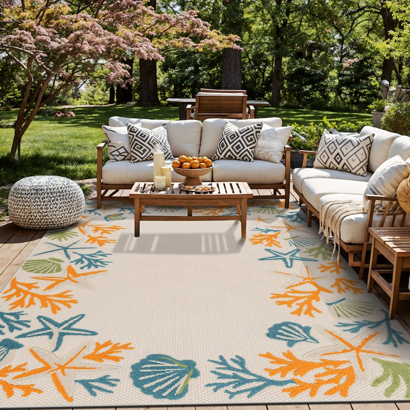 World Rug Gallery Indoor/Outdoor High-Low Textured Area Rug, Coastal Border Easy-Clean Patio Rug - 7'10" x 10' - Multi