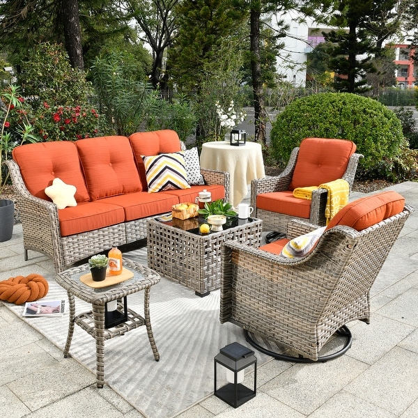 OVIOS 5-Piece Outdoor Wicker Swivel Chair Set With Solar-Powered