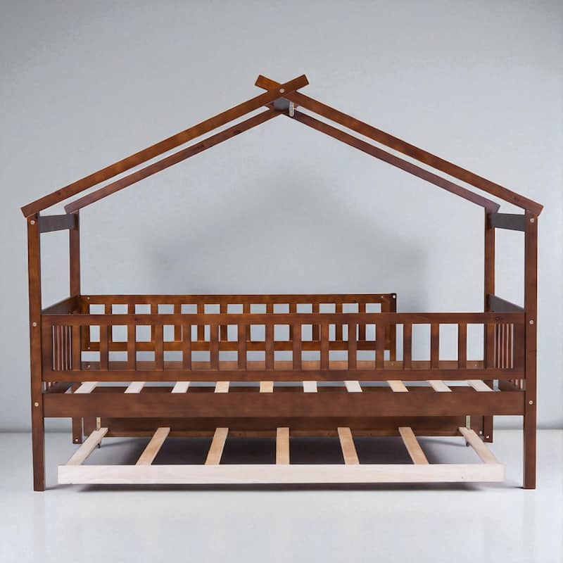 Twin Size Wooden House Bed with Trundle, Roof Design Platform Frame with Headboard for Kids, No Box Spring Needed