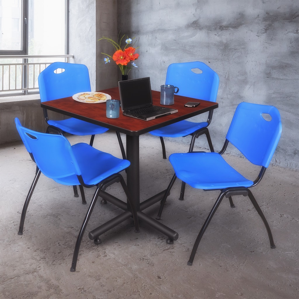 30" Square Breakroom Table- Cherry & 4 'M' Stack Chairs- Blue - 30