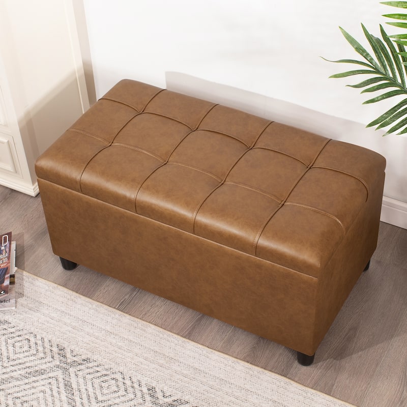 Adeco Rectangular Storage Ottoman Faux Leather Bench Lift-top Footrest - Brown-Faux-Leather