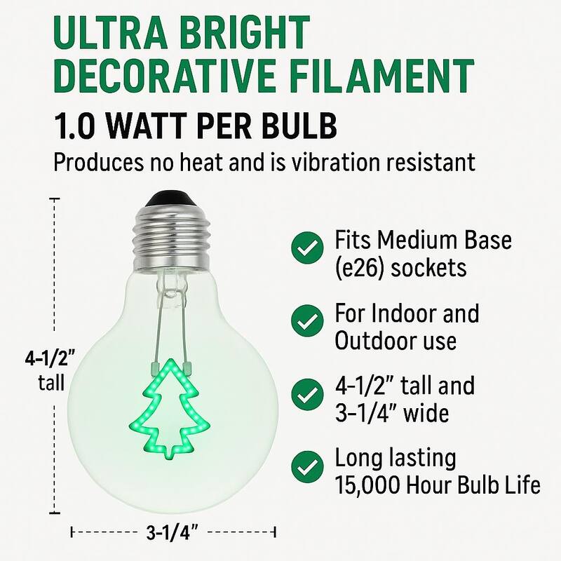 Festive Living LED Christmas Tree Decorative Filament Bulb G80 Globe E26 Base 1W Clear Glass 1pk