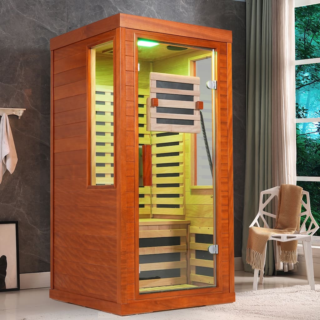 One Person Indoor Low EMF Infrared Sauna Okoume Wood with Bluetooth Red Light Therapy - N/A