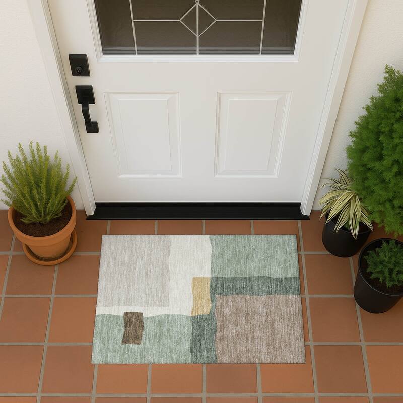 Machine Washable Indoor/ Outdoor Contemporary Blox Chantille Rug - Basil - 1'8" x 2'6"