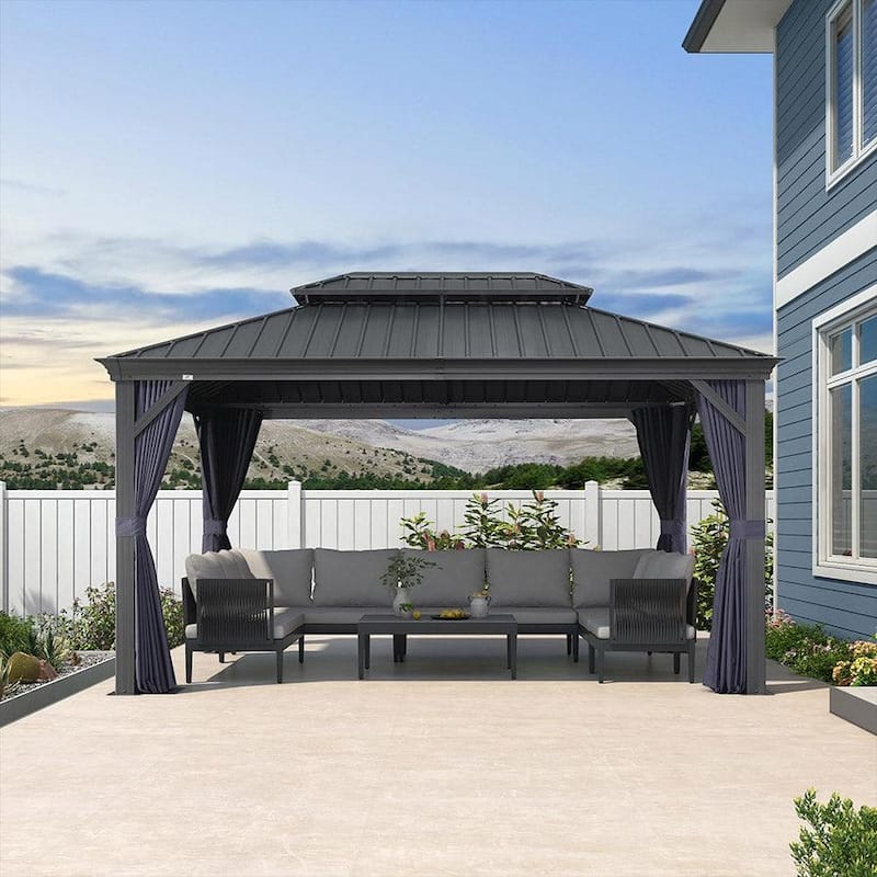 PURPLE LEAF Outdoor Galvanized Steel Hardtop Gazebo, Aluminum Frame Gazebo With Curtains