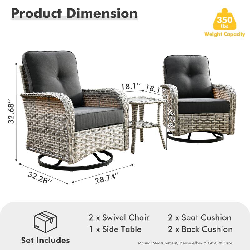OVIOS 3-piece Swivel Rocking Wicker Chair Side Table Conversation Set