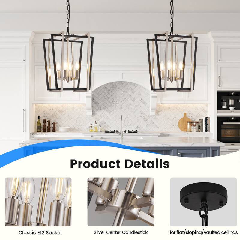 12-Inch Modern Chandelier, 4 Light Lantern Chandeliers Geometric Square Dining Room Lighting Fixtures for Kitchen Islands - N/A