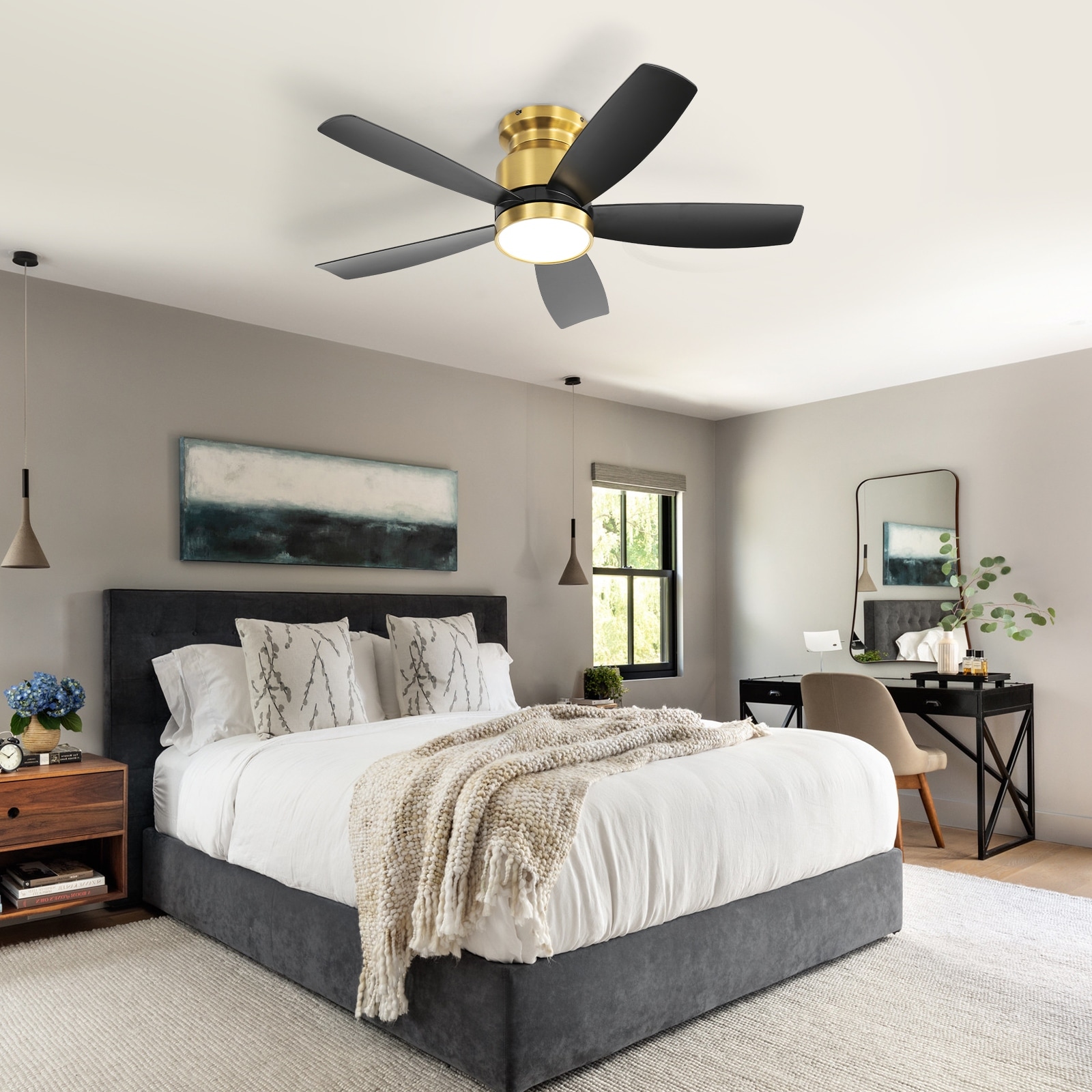 Modern Recessed Ceiling Fan Light with Dimmable LED Light and Remote Control, 5 Fan Blades for Bedroom and Patio